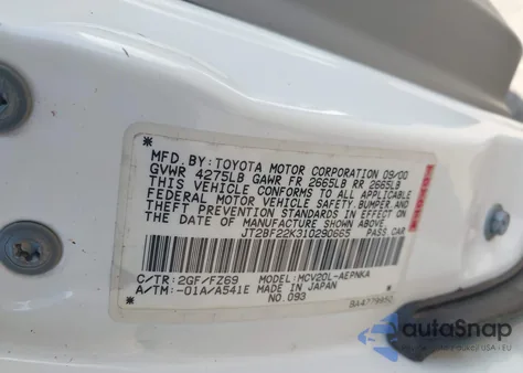 2001 Toyota Camry Le V6 from USA, damaged, VIN JT2BF22K310290665